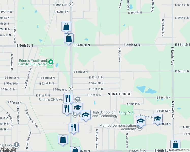 map of restaurants, bars, coffee shops, grocery stores, and more near 1389 East 53rd Street North in Tulsa