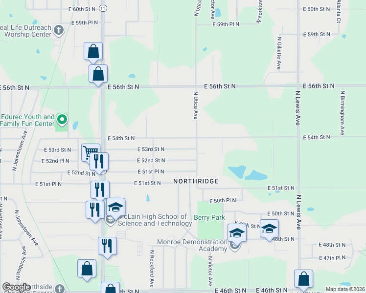 map of restaurants, bars, coffee shops, grocery stores, and more near 1563 East 53rd Street North in Tulsa