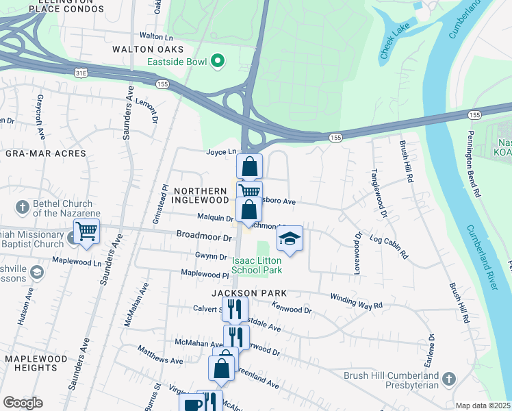 map of restaurants, bars, coffee shops, grocery stores, and more near 1100A Haysboro Avenue in Nashville