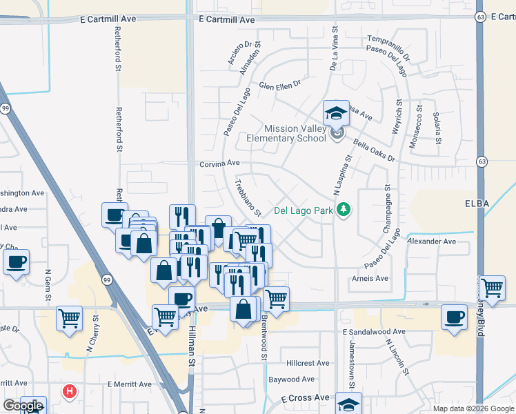 map of restaurants, bars, coffee shops, grocery stores, and more near 1678 Trebbiano Street in Tulare