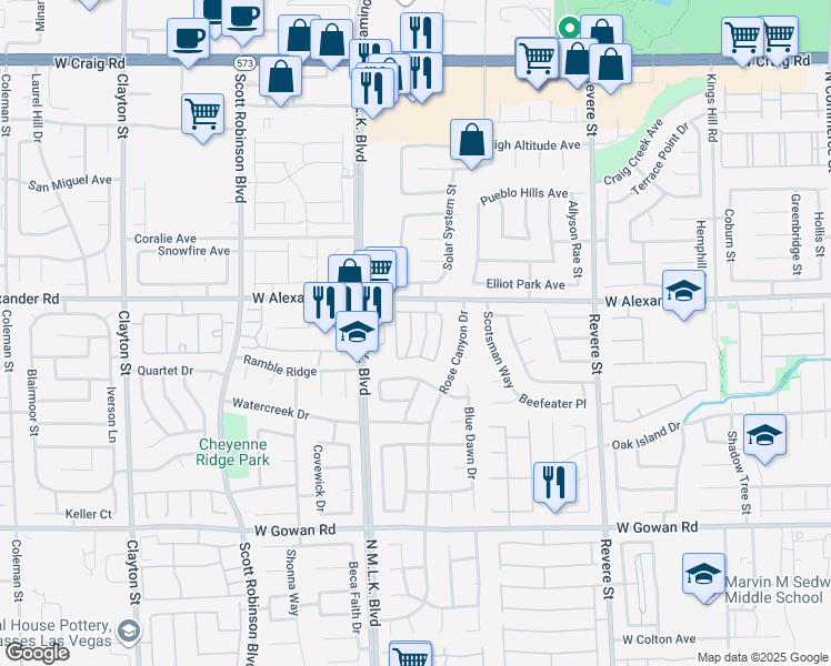 map of restaurants, bars, coffee shops, grocery stores, and more near 1237 West Alexander Road in North Las Vegas
