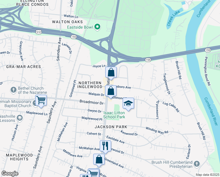 map of restaurants, bars, coffee shops, grocery stores, and more near 1100A Haysboro Avenue in Nashville