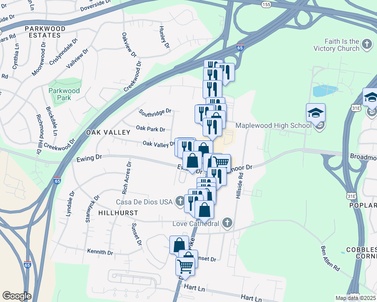 map of restaurants, bars, coffee shops, grocery stores, and more near 120 Oak Valley Drive in Nashville