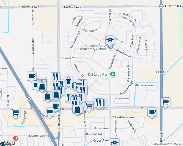 map of restaurants, bars, coffee shops, grocery stores, and more near 1651 Estrella Avenue in Tulare