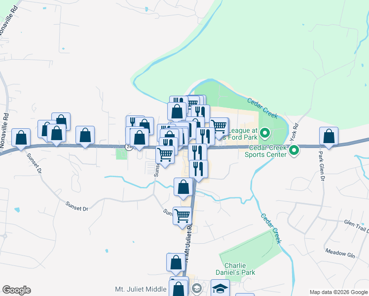 map of restaurants, bars, coffee shops, grocery stores, and more near Lebanon Road in Nashville