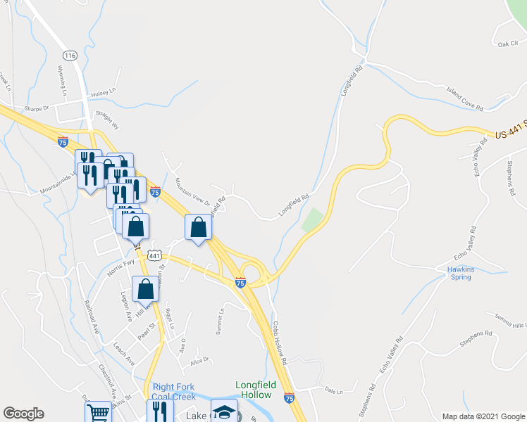 map of restaurants, bars, coffee shops, grocery stores, and more near 269 Longfield Road in Rocky Top