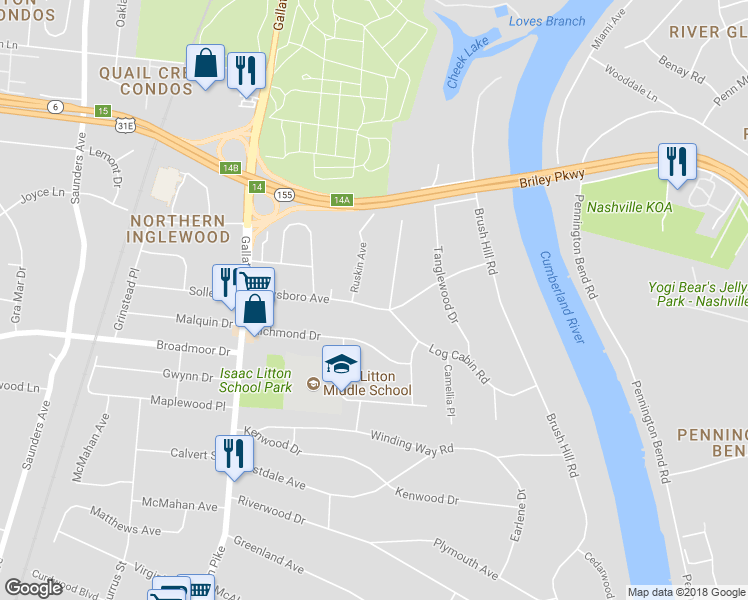 map of restaurants, bars, coffee shops, grocery stores, and more near 1207 Haysboro Avenue in Nashville