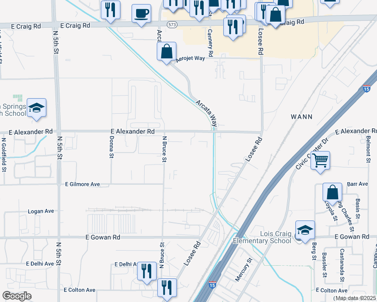 map of restaurants, bars, coffee shops, grocery stores, and more near 1701 East Alexander Road in North Las Vegas