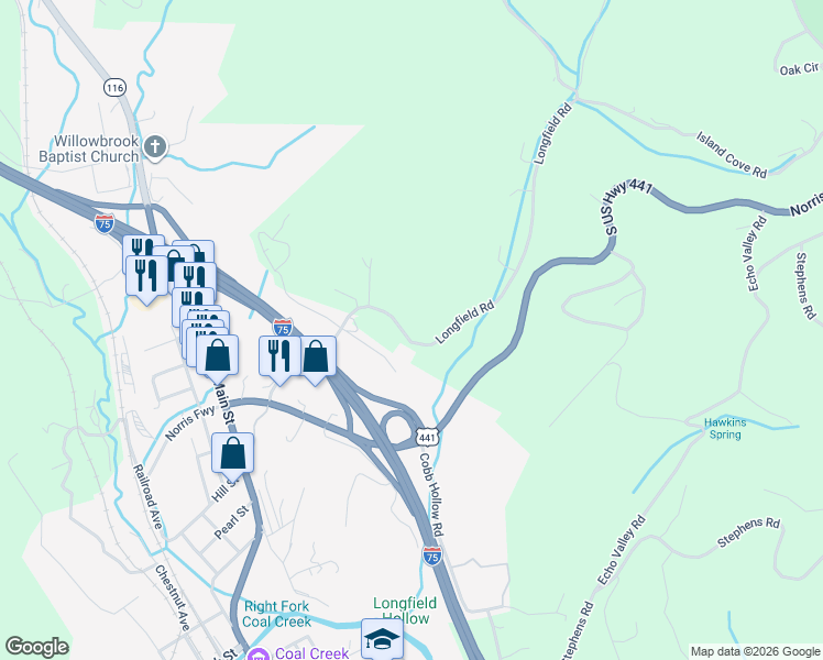 map of restaurants, bars, coffee shops, grocery stores, and more near 269 Longfield Road in Rocky Top