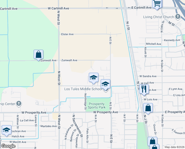 map of restaurants, bars, coffee shops, grocery stores, and more near 842 Russell Avenue in Tulare