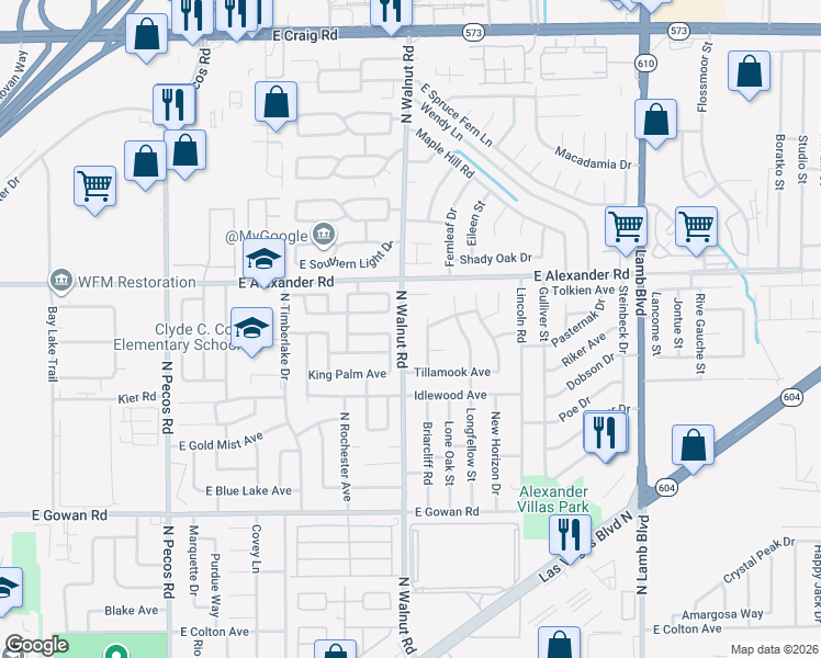 map of restaurants, bars, coffee shops, grocery stores, and more near 3918 North Walnut Road in Las Vegas