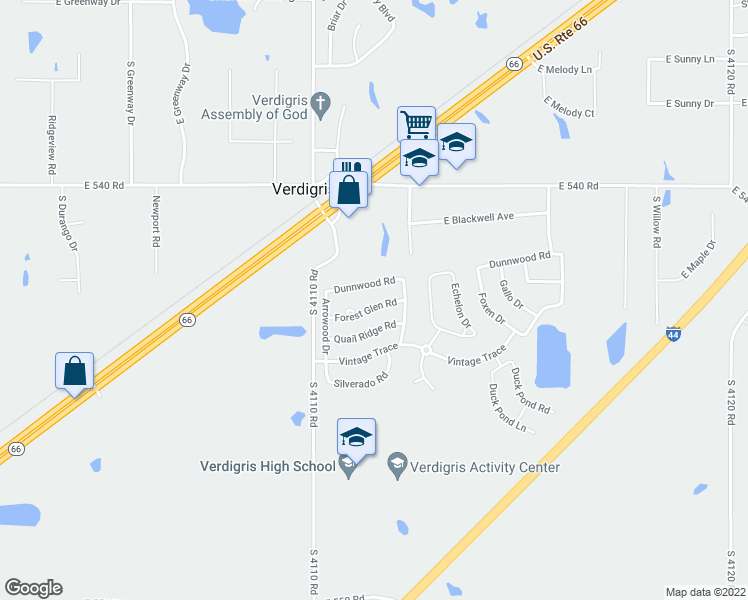 map of restaurants, bars, coffee shops, grocery stores, and more near 8103 Forest Glen Road in Claremore