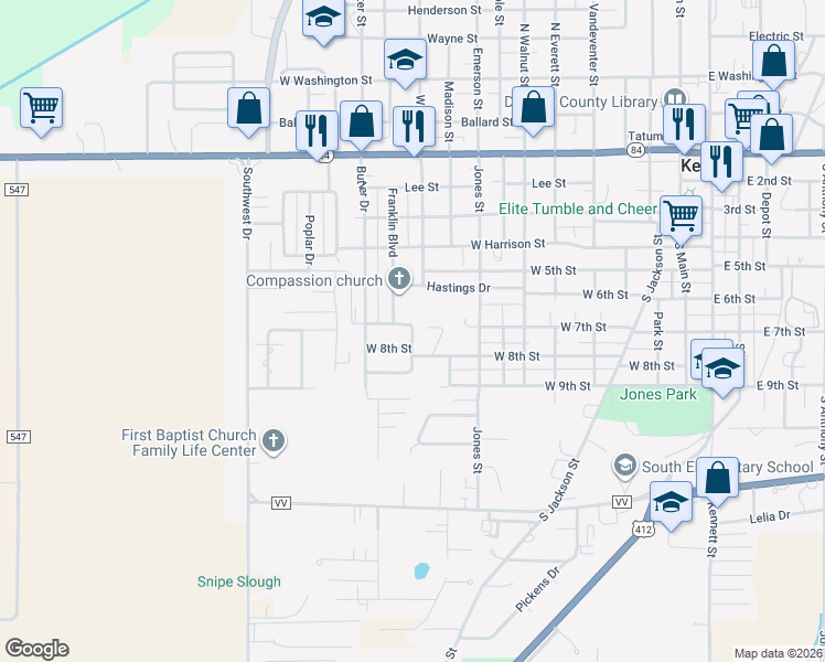 map of restaurants, bars, coffee shops, grocery stores, and more near 601 East Ricky Road in Kennett