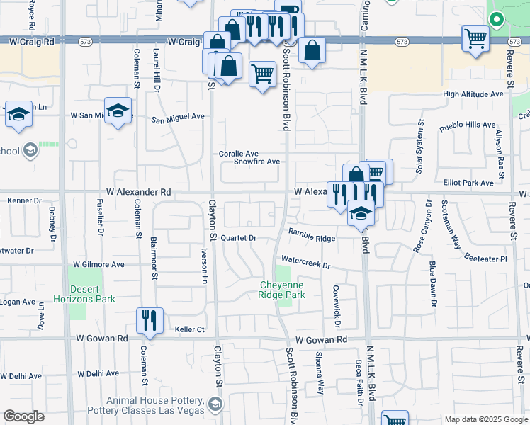 map of restaurants, bars, coffee shops, grocery stores, and more near 1881 West Alexander Road in North Las Vegas