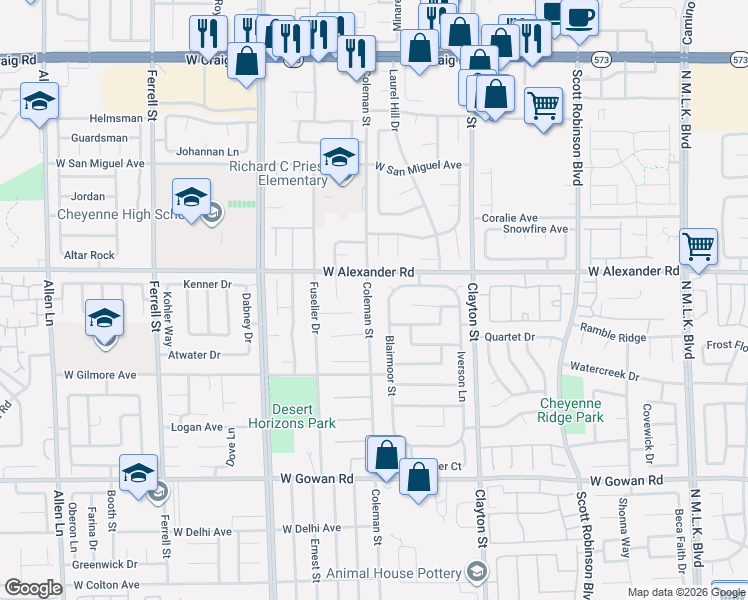 map of restaurants, bars, coffee shops, grocery stores, and more near 3921 Coleman Street in North Las Vegas