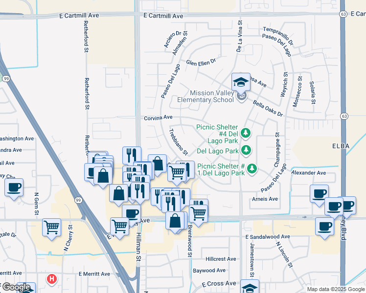 map of restaurants, bars, coffee shops, grocery stores, and more near 1686 Trebbiano Street in Tulare