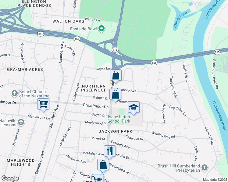 map of restaurants, bars, coffee shops, grocery stores, and more near 1100A Haysboro Avenue in Nashville