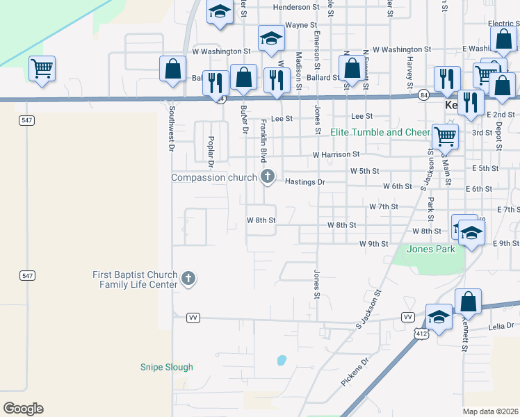 map of restaurants, bars, coffee shops, grocery stores, and more near 601 East Ricky Road in Kennett