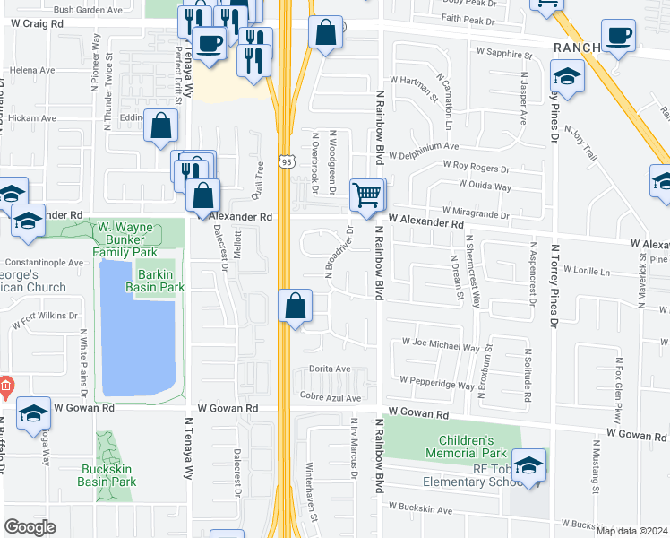 map of restaurants, bars, coffee shops, grocery stores, and more near 3817 North Broadriver Drive in Las Vegas