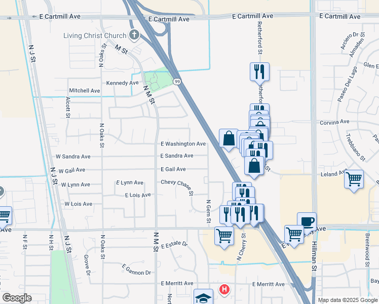 map of restaurants, bars, coffee shops, grocery stores, and more near 528 East Sandra Avenue in Tulare