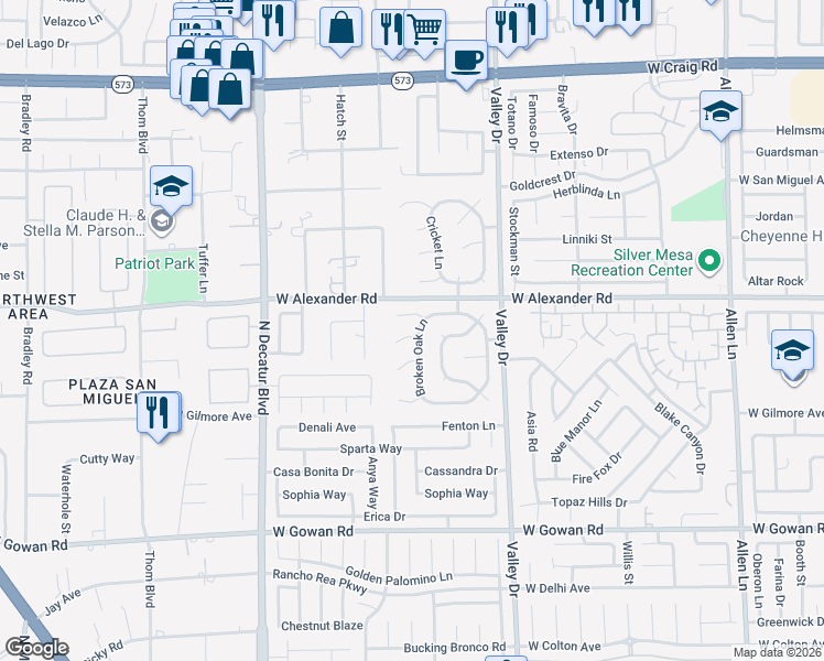 map of restaurants, bars, coffee shops, grocery stores, and more near 3921 Broken Oak Lane in North Las Vegas