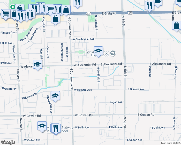 map of restaurants, bars, coffee shops, grocery stores, and more near 104 Spur Ranch Avenue in North Las Vegas