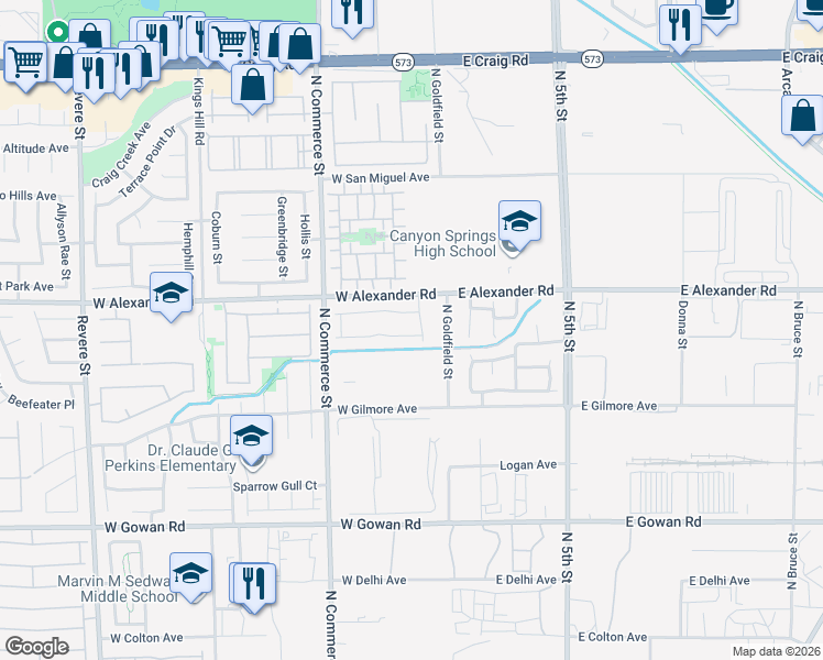 map of restaurants, bars, coffee shops, grocery stores, and more near 108 Spur Ranch Avenue in North Las Vegas