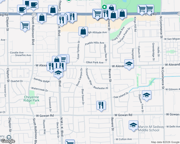 map of restaurants, bars, coffee shops, grocery stores, and more near 3931 McGregor Way in North Las Vegas