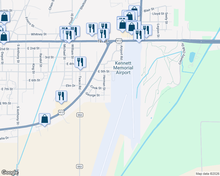 map of restaurants, bars, coffee shops, grocery stores, and more near 1599 Cook Street in Kennett