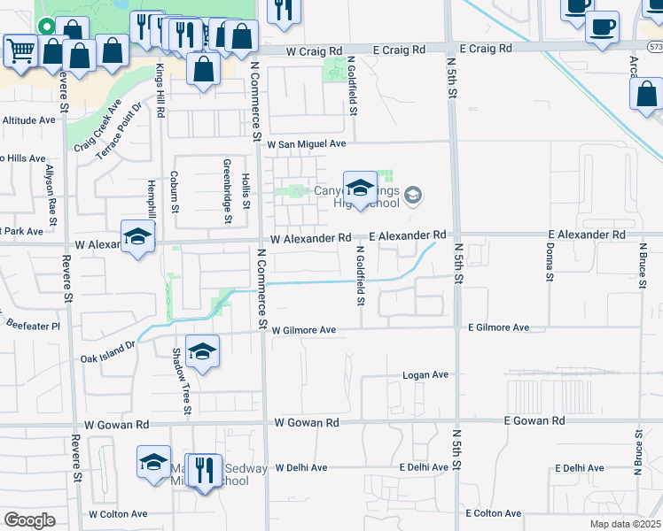 map of restaurants, bars, coffee shops, grocery stores, and more near 108 Spur Ranch Avenue in North Las Vegas