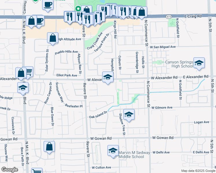 map of restaurants, bars, coffee shops, grocery stores, and more near 609 West Alexander Road in North Las Vegas