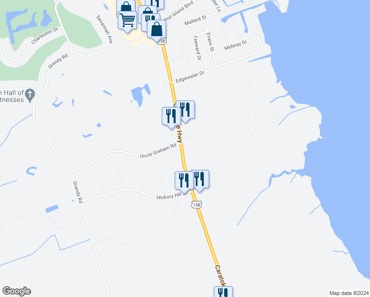 map of restaurants, bars, coffee shops, grocery stores, and more near 6637 Caratoke Highway in Grandy