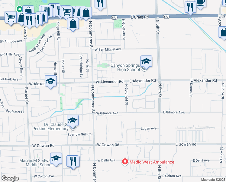 map of restaurants, bars, coffee shops, grocery stores, and more near 104 Spur Ranch Avenue in North Las Vegas