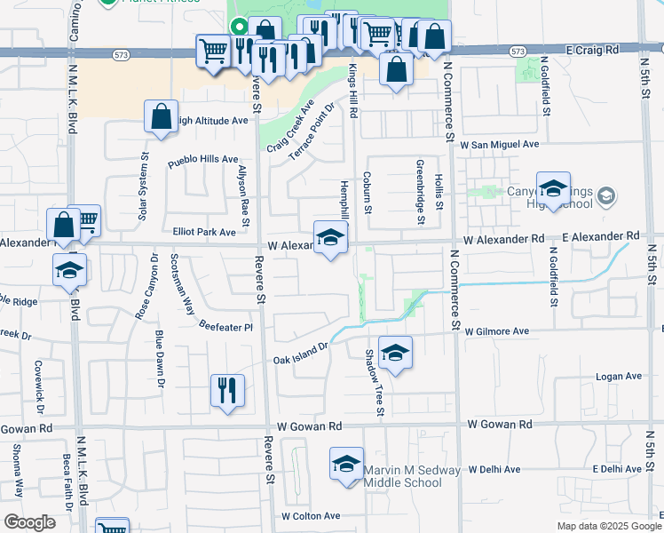 map of restaurants, bars, coffee shops, grocery stores, and more near 609 West Alexander Road in North Las Vegas