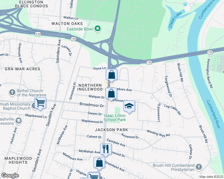 map of restaurants, bars, coffee shops, grocery stores, and more near 1100A Haysboro Avenue in Nashville