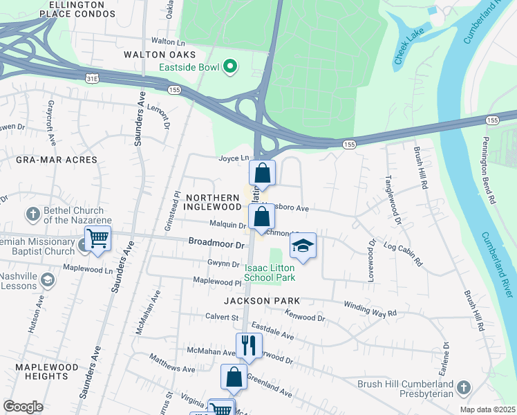 map of restaurants, bars, coffee shops, grocery stores, and more near 1100A Haysboro Avenue in Nashville