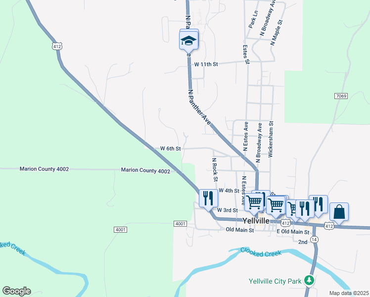 map of restaurants, bars, coffee shops, grocery stores, and more near 29 West 6th Street in Yellville