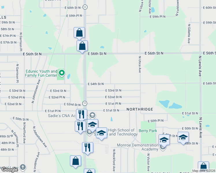 map of restaurants, bars, coffee shops, grocery stores, and more near 1389 East 53rd Street North in Tulsa