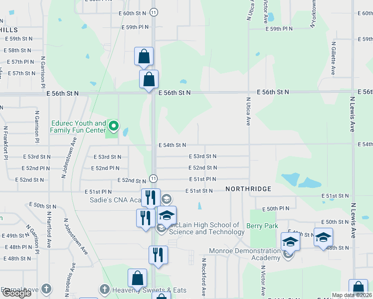 map of restaurants, bars, coffee shops, grocery stores, and more near 1355 East 53rd Street North in Tulsa