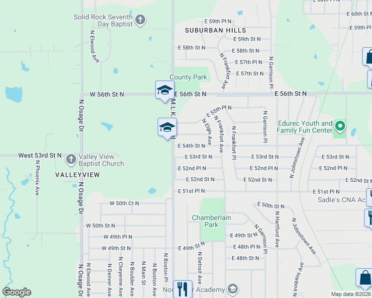 map of restaurants, bars, coffee shops, grocery stores, and more near 224 East 54th Street North in Tulsa