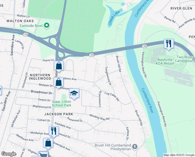 map of restaurants, bars, coffee shops, grocery stores, and more near 1305 Haysboro Avenue in Nashville