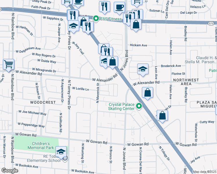 map of restaurants, bars, coffee shops, grocery stores, and more near 6161 Pine Villa Avenue in Las Vegas