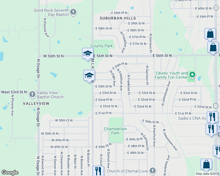 map of restaurants, bars, coffee shops, grocery stores, and more near 258 East 54th Street North in Tulsa
