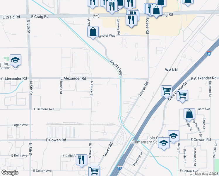map of restaurants, bars, coffee shops, grocery stores, and more near 1701 East Alexander Road in North Las Vegas