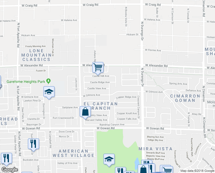 map of restaurants, bars, coffee shops, grocery stores, and more near 8700 Castle View Avenue in Las Vegas