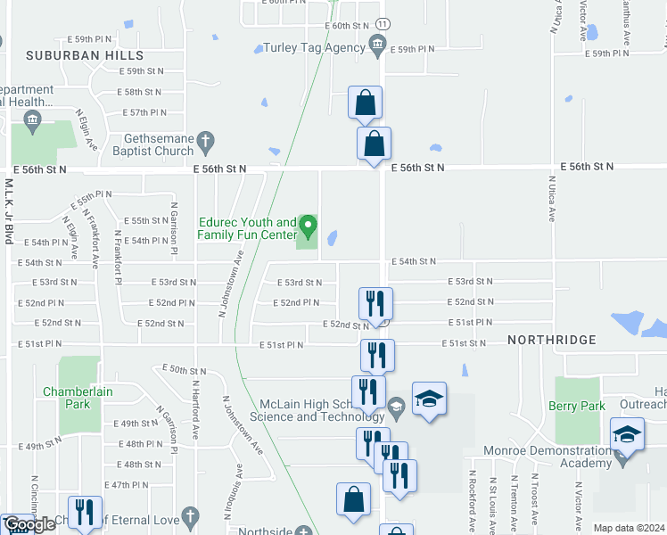 map of restaurants, bars, coffee shops, grocery stores, and more near 5318 North Norfolk Avenue in Tulsa