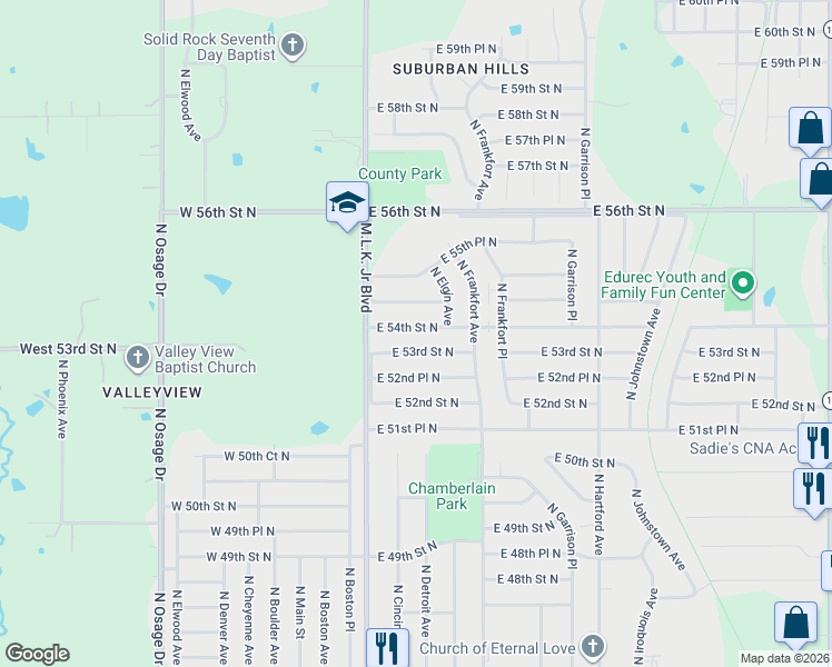 map of restaurants, bars, coffee shops, grocery stores, and more near 258 East 54th Street North in Tulsa