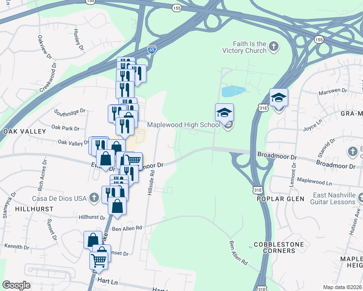 map of restaurants, bars, coffee shops, grocery stores, and more near 218 Maplewood Trace in Nashville