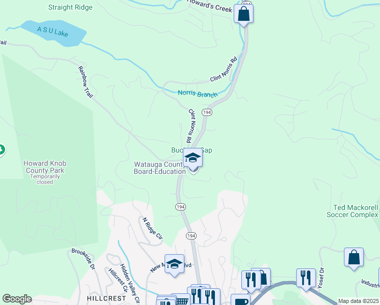 map of restaurants, bars, coffee shops, grocery stores, and more near Rte 194 & Clint Norris Rd in Watauga
