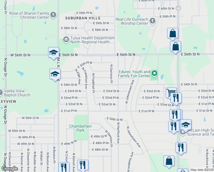 map of restaurants, bars, coffee shops, grocery stores, and more near 618 East 54th Street North in Tulsa